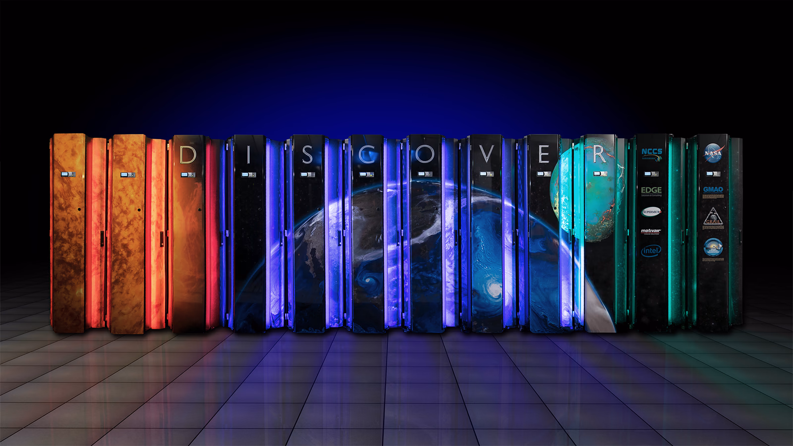 A wide illuminated view of the NASA Center for Climate Simulation Discover supercomputer cabinets.