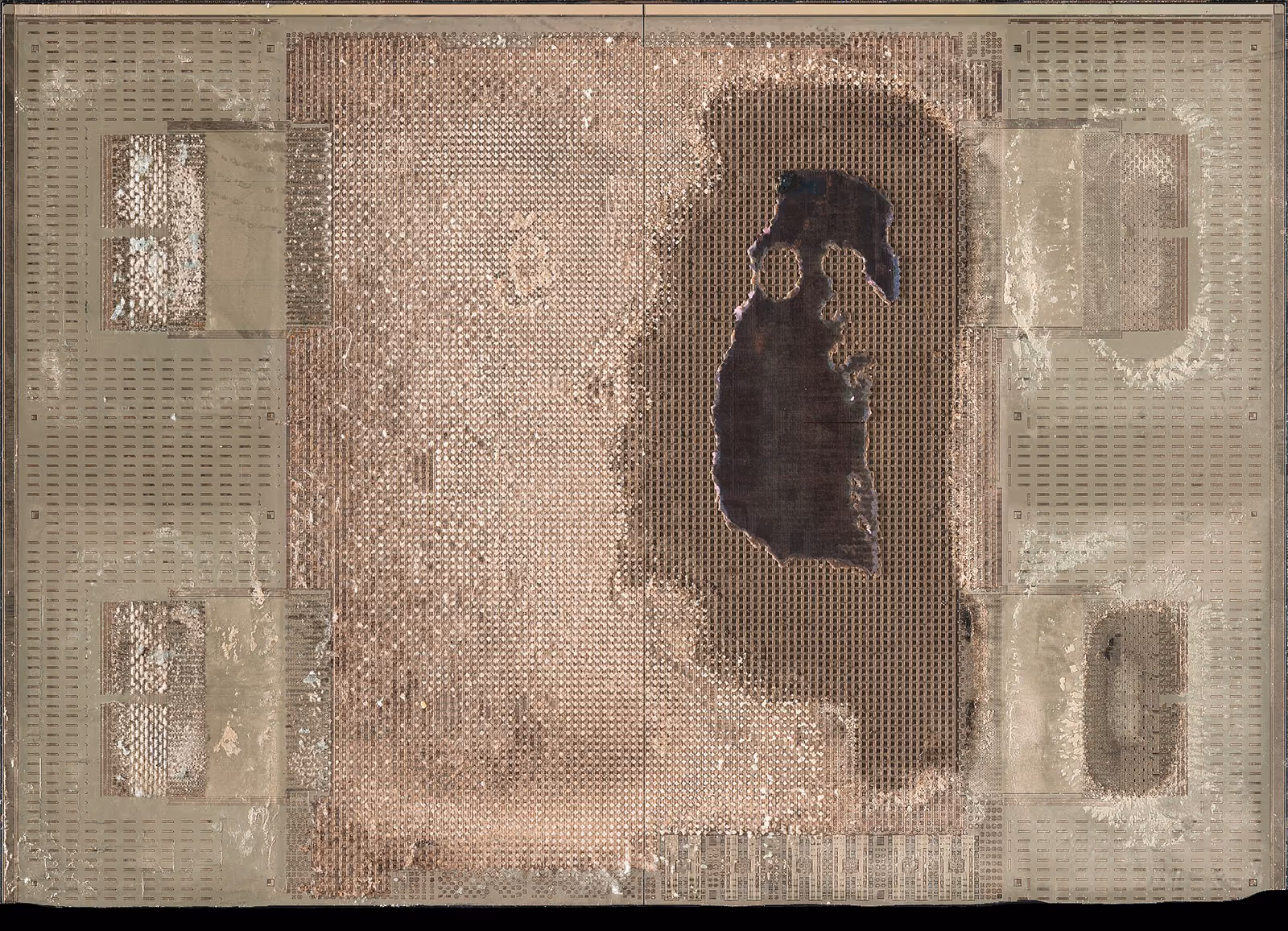 Highly magnified top metal of a silicon interposer with dense copper routing patterns.