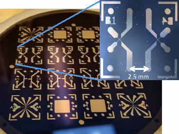 A completed circular semiconductor wafer showing a grid of sixteen patterned dies.